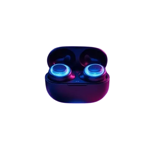 Compact wireless earbuds with glowing blue LED lights inside a charging case on a dark background, featuring futuristic audio technology and trending products India for everyday music and gaming use.